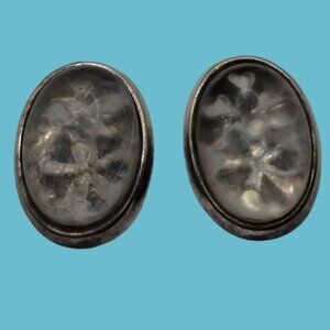 Oval Silver Tone Clip On Earrings Floral Design Eerie Iridescent Whimsygoth